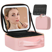 KIPOZI Makeup Bag with LED Lighted Mirror, Cosmetic Bag with Adjustable Dividers, Makeup Train Case with Mirror,Black