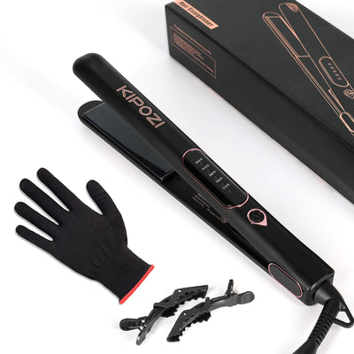 KIPOZI Travel Size Professional 1" Tourmaline & Ceramic 2 In 1 Flat Iron Hair Straightener, Ionic, Black