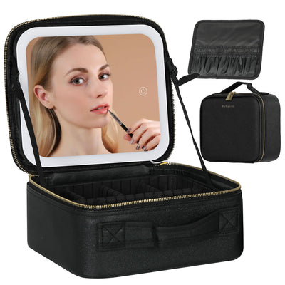 KIPOZI Makeup Bag with LED Lighted Mirror, Cosmetic Bag with Adjustable Dividers, Makeup Train Case with Mirror,Black