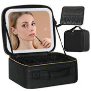 KIPOZI Makeup Bag with LED Lighted Mirror, Cosmetic Bag with Adjustable Dividers, Makeup Train Case with Mirror,Black