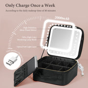 KIPOZI Makeup Bag with LED Lighted Mirror, Cosmetic Bag with Adjustable Dividers, Makeup Train Case with Mirror,Black