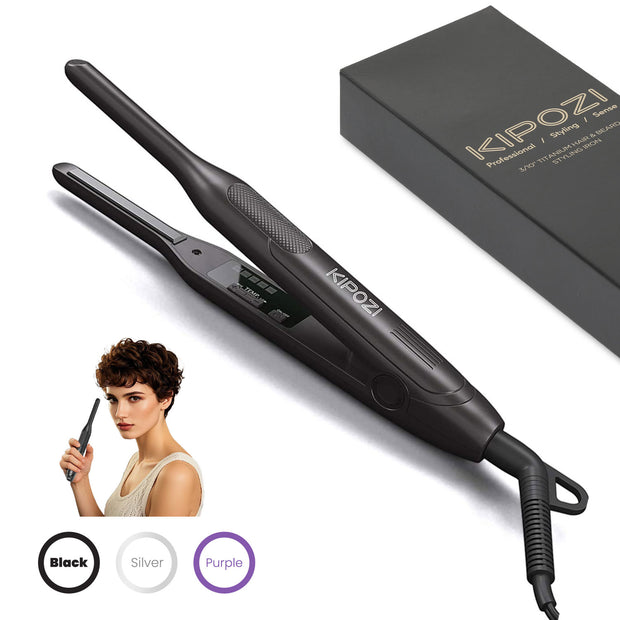 Kipozi 3/10" Small Flat Iron, Pencil Flat Iron for Short Hair, Pixie Cut and Bangs, Curling Iron for Short Hair, Mini Hair Straightener for Edges with Anti-Pinch Design, Tiny Hair Straightener, Black