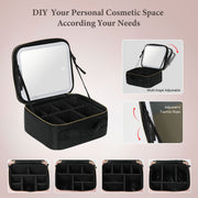 KIPOZI Makeup Bag with LED Lighted Mirror, Cosmetic Bag with Adjustable Dividers, Makeup Train Case with Mirror,Black