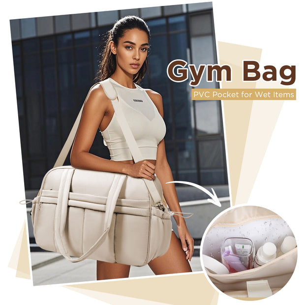 KIPOZI Travel Duffel Bag, Weekender Bag for Women with Wet Pocket, Lightweight Carry on Gym Bag for Women, Personal Item Travel Bag for Airlines, Overnight Tote Bag for Women, Water Resistant,White