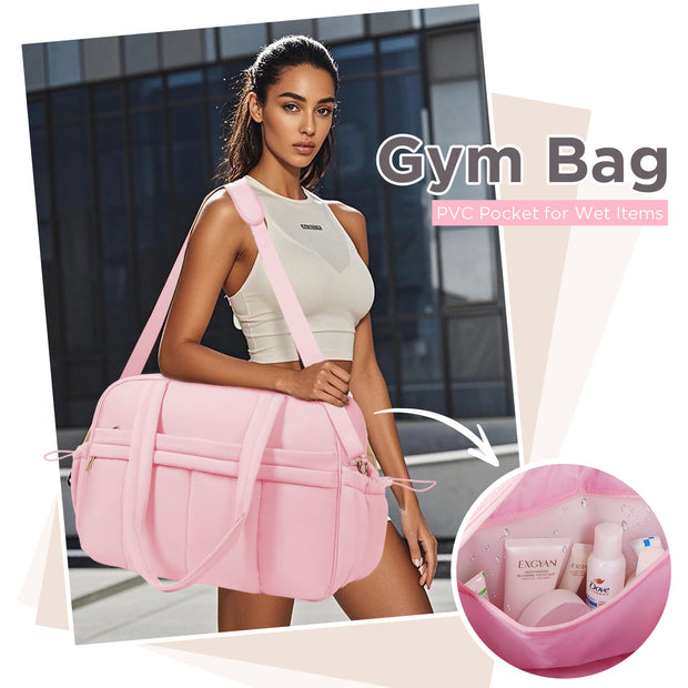 KIPOZI Travel Duffel Bag, Weekender Bag for Women with Wet Pocket, Lightweight Carry on Gym Bag for Women, Personal Item Travel Bag for Airlines, Overnight Tote Bag for Women, Water Resistant, Pink