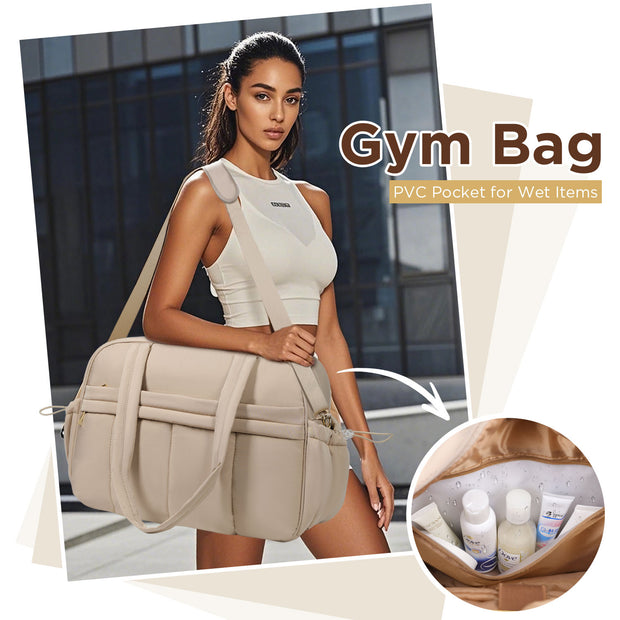 KIPOZI Travel Duffel Bag, Weekender Bag for Women with Wet Pocket, Lightweight Carry on Gym Bag for Women, Personal Item Travel Bag for Airlines, Overnight Tote Bag for Women, Water Resistant,Camel