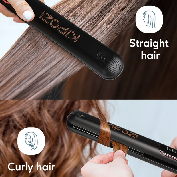 KIPOZI Travel Size Professional 1" Tourmaline & Ceramic 2 In 1 Flat Iron Hair Straightener, Ionic, Black