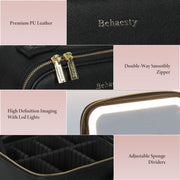 KIPOZI Makeup Bag with LED Lighted Mirror, Cosmetic Bag with Adjustable Dividers, Makeup Train Case with Mirror,Black