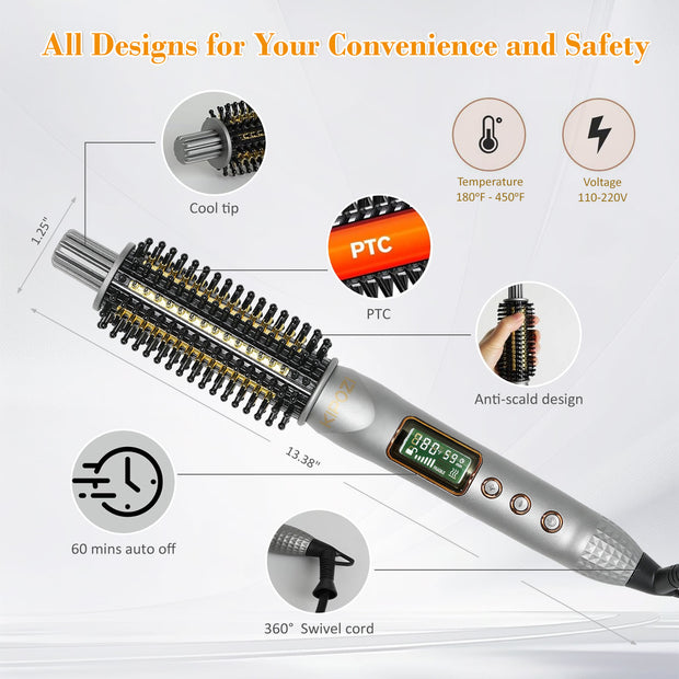 KIPOZI 1.25" Thermal Brush, Curling Iron Brush, Thermal Round Brush, LCD Display with 16 Adjustable Temperature, Auto Shut-Off, Black