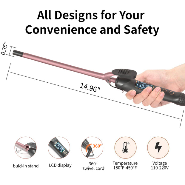 KIPOZI Professional 3/8" Small Hair Curling Wand, Small Barrel Curling Iron for Short & Long Hair, Ceramic Small Wand with 15 Adjustable Temperature Setting, Dual Voltage, Include Heat Resistant Glove