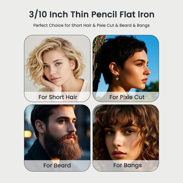 Kipozi 3/10" Small Flat Iron, Pencil Flat Iron for Short Hair, Pixie Cut and Bangs, Curling Iron for Short Hair, Mini Hair Straightener for Edges with Anti-Pinch Design, Tiny Hair Straightener, Black
