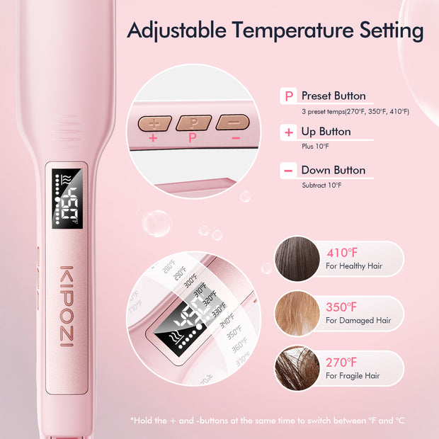 KIPOZI Negative Ion Flat Iron, Anti-Static Hair Straightener with 1.75 inch Floating Titanium Wide Plates, Pink