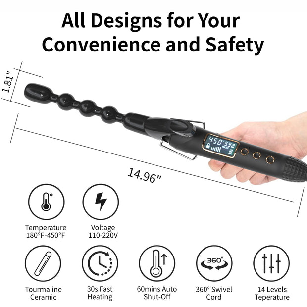 Kipozi Bubble Wand Curling Iron, Ceramic 1 Inch Bubble Curling Wand for Short & Long Hair, Spiral Curling Iron with 15 Adjustable Temp, Dual Voltage, Include Heat Resistant Glove