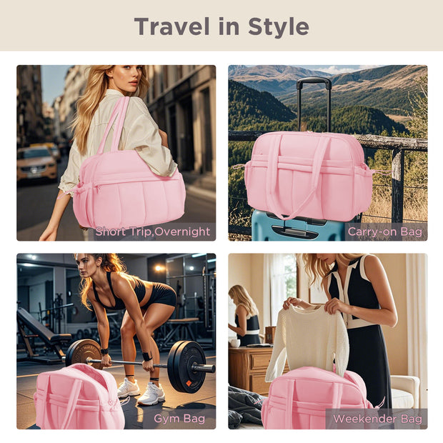 KIPOZI Travel Duffel Bag, Weekender Bag for Women with Wet Pocket, Lightweight Carry on Gym Bag for Women, Personal Item Travel Bag for Airlines, Overnight Tote Bag for Women, Water Resistant, Pink