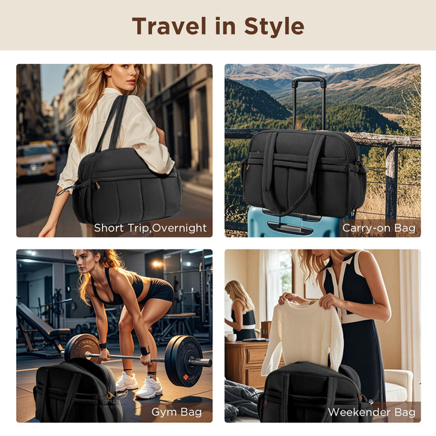 KIPOZI Travel Duffel Bag, Weekender Bag for Women with Wet Pocket, Lightweight Carry on Gym Bag for Women, Personal Item Travel Bag for Airlines, Overnight Tote Bag for Women, Water Resistant,Black