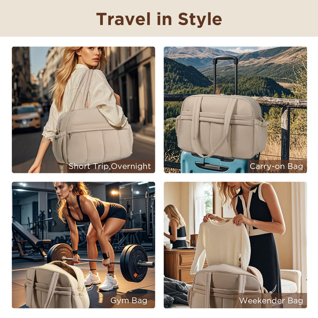 KIPOZI Travel Duffel Bag, Weekender Bag for Women with Wet Pocket, Lightweight Carry on Gym Bag for Women, Personal Item Travel Bag for Airlines, Overnight Tote Bag for Women, Water Resistant,Camel