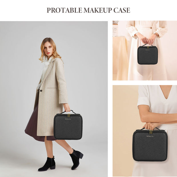 KIPOZI Makeup Bag with LED Lighted Mirror, Cosmetic Bag with Adjustable Dividers, Makeup Train Case with Mirror,Black